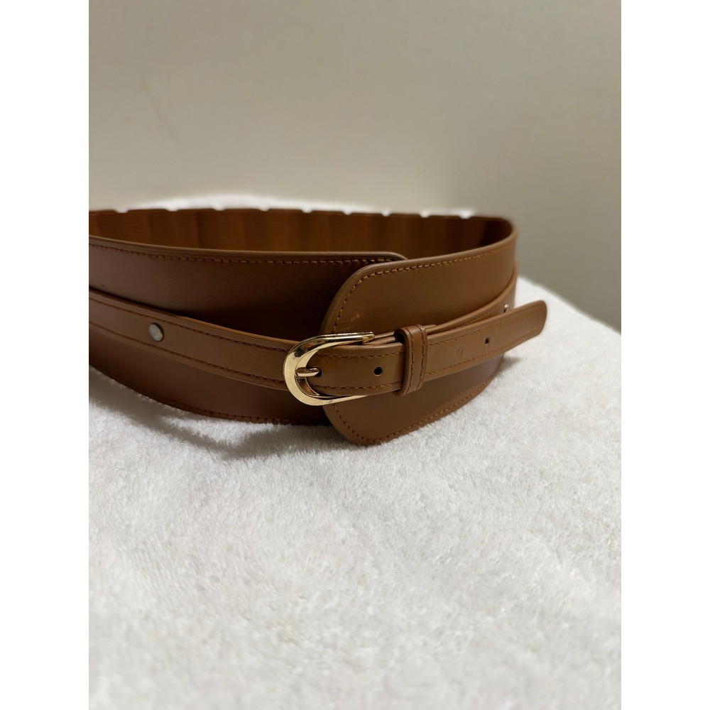 Cognac Brown Wide Stretch Waist Belt Gold Buckle Accordion Elastic Cinch Belt